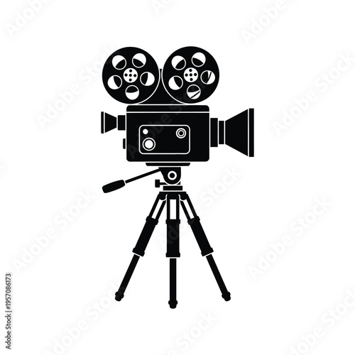 Vintage film camera on tripod, retro cinema projector vector illustration, old technology