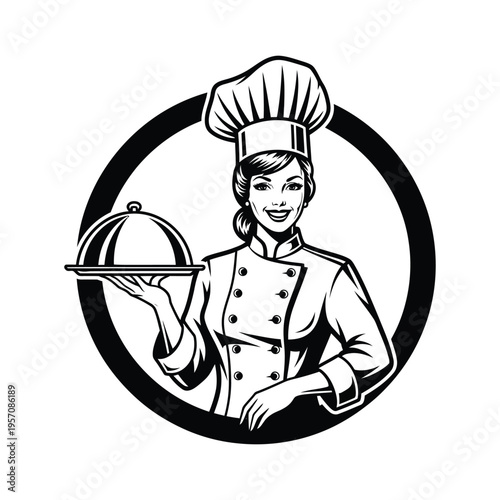 Smiling female chef holding silver platter vector illustration for fine dining and catering services