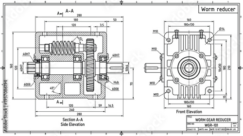Detailed engineering technical drawing of a worm gear reducer showing side section and front elevation views.