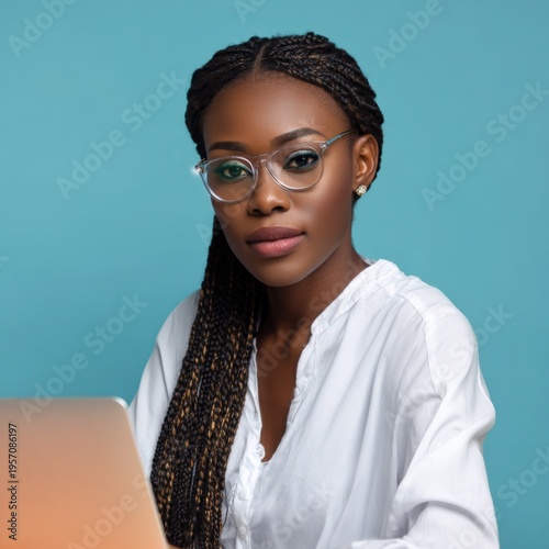 Young african female with laptop and clear glasses turquoise background closeup portrait, focused expression, braided hair and white blouse for business profile