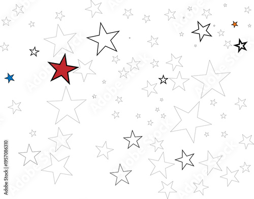 Minimal Star Pattern Background with Red and Blue Accents | Hand Drawn Outline Stars on White Background, Playful and Modern Design for Creative, Decorative, and Visual Projects
