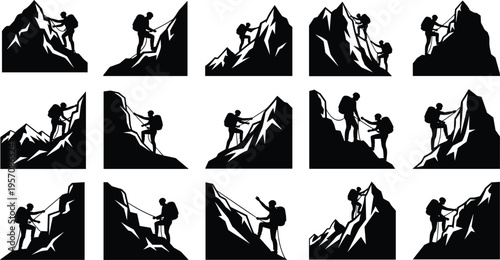 Mountain climbing silhouette set of climbers ascending rocky peaks, mountaineering adventure icons, rock climber figures with ropes isolated on white background