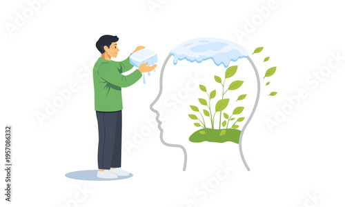 Concept illustration of mental unfreeze and emotional release. Man removing ice from human head revealing growing plants inside.