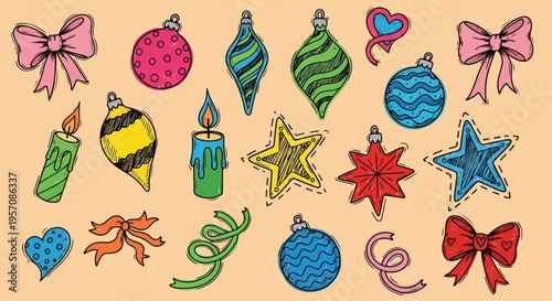 Colorful flat lay of various Christmas ornaments and decorations on a peach background with a festive mood.