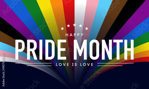 Pride Month poster, LGBTQIA rainbow flag background