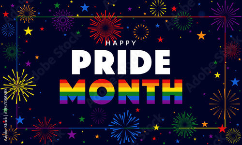 Pride Month celebration background colorful fireworks poster