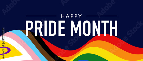 Happy Pride Month banner, LGBTQIA progress flag border