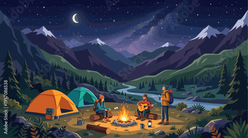 Friends enjoy a tranquil evening camping in the mountains under a starry sky with a crescent moon, sharing music and roasting marshmallows by a glowing campfire.