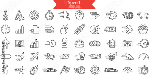 Speed editable stroke outline icons set.  Containing fast, slow, movement, indicator, turbo, speeding, productivity, speedometer, and more.