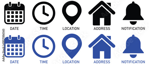Daet, Time, Location, Address And Notification icon set. Blue and black icons. Contact icons vector. Det, time, location, address icons for communication. Vector illustration. 