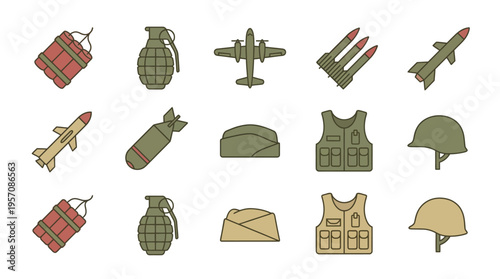 A collection of military-themed icons including bombs, grenades, missiles, an airplane, a helmet, a vest, and a cap, presented in a flat design style.