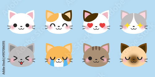 Various cat icon collection. Kittens smile emoji symbol set. Simple cat head emoticon pictures. Vector illustration.