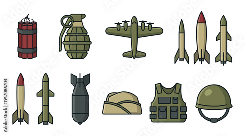 A collection of military weapons, ammunition, and protective gear including bombs, missiles, a plane, grenades, a vest, and a helmet.