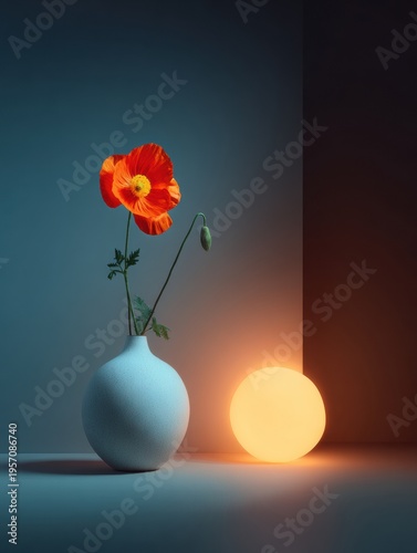 Minimal Floral Design Features a Single Flower Beside a Glowing Orb in a Soft Color Space With Clean Lines and High-End Aesthetic Appeal