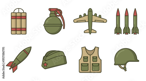 Collection of military equipment and uniform icons including bombs, missiles, airplane, grenade, helmet, vest, and cap.