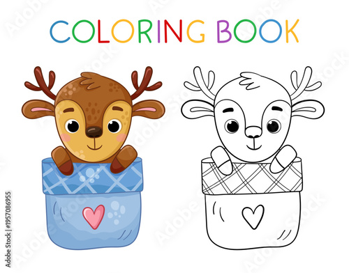 cute cartoon deer sitting in a pocket vector children illustration for coloring book full color and black and white outline