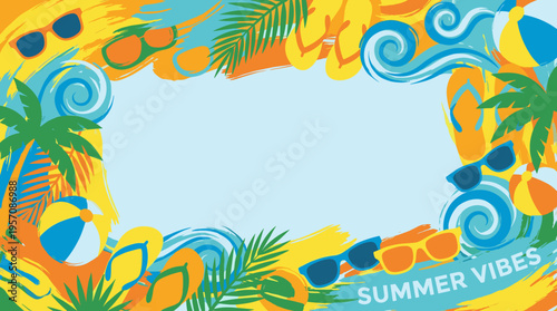 Vibrant summer vacation frame with palm trees, sunglasses, flip-flops, and beach balls on a light blue background.