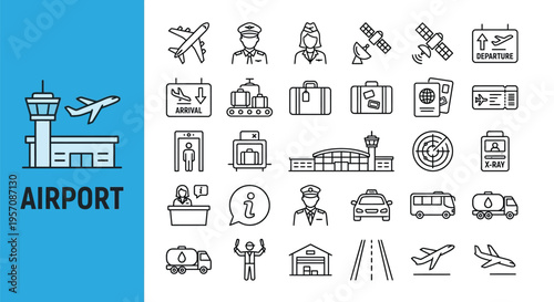 Airport themed line icons depicting travel security and infrastructure