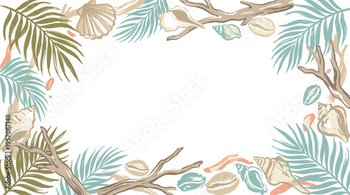 A decorative border frame filled with seashells, driftwood, and palm fronds, evoking a tropical beach theme.