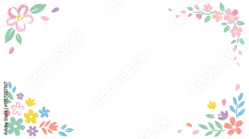 A delicate and charming floral border design with pastel-colored flowers and leaves adorning the corners of a white background.