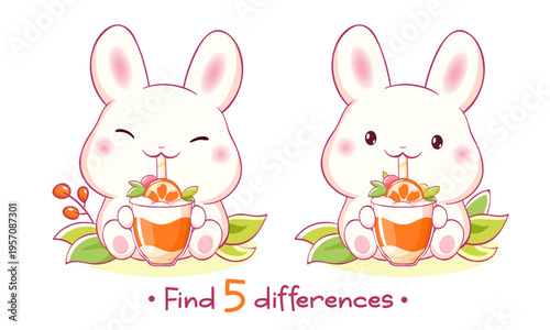 Educational Game for Kids with baby rabbit with smoothie. Find five Differences Activity For Preschool Children. Find 5 differences education game for kids with cute bunny. Vector illustration EPS8