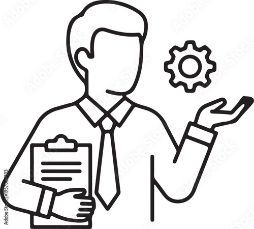 Businessman with clipboard and gear vector illustration, flat design