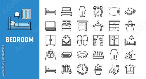 Collection of minimalist bedroom icons displayed in a grid format