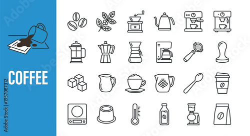 Collection of line art icons representing various coffee elements and tools