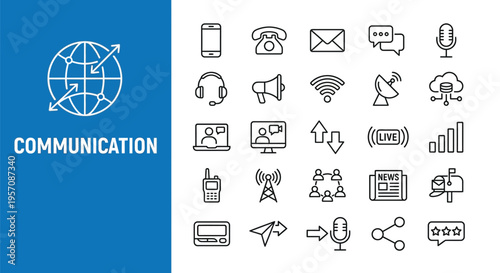 Various communication methods and technologies illustrated with simple line icons