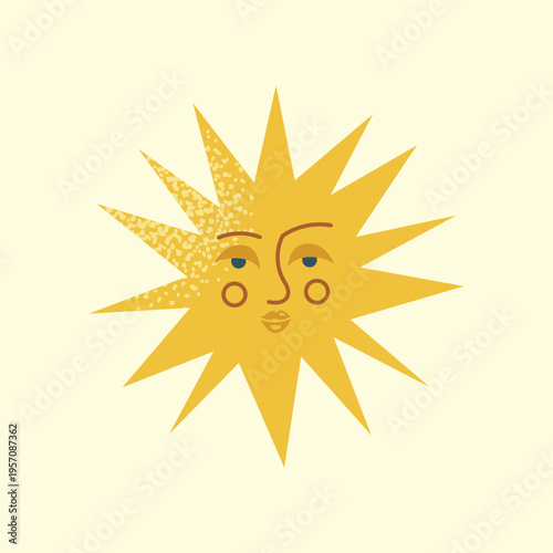 Boho celestial sun with face vector illustration; mystical golden sunburst with textured rays and vintage aesthetic; hand-drawn sun icon for astrology, tarot, posters, and luxury branding.