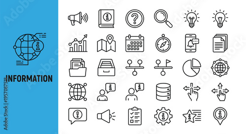 Collection of line art icons representing information research and data
