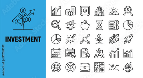Investment related icons depicting growth finance and economic success