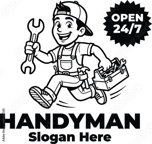 Handyman service logo mascot running with wrench and toolbox featuring open twenty four seven service sign.
