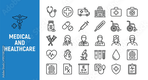 Collection of medical icons depicting healthcare professionals and equipment