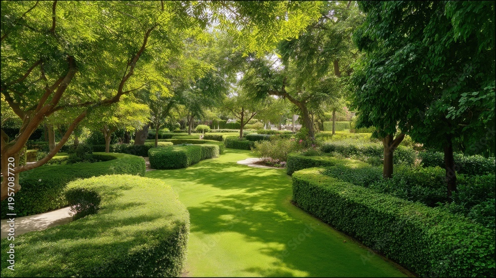 Naklejka premium Lush green formal garden with manicured hedges and tall trees. Landscape design with trimmed shrubs and grassy lawn. Peaceful public park or backyard oasis for summer relaxation.
