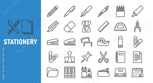 Collection of outlined stationery items arranged on a white background