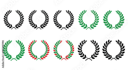 Graphic illustration of various colored laurel wreath designs on a white background.