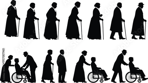 Senior Elderly People Silhouette Set with Old Men and Women Walking with Canes, Wheelchair Assistance Vector Icons, Nursing Care Healthcare Symbols