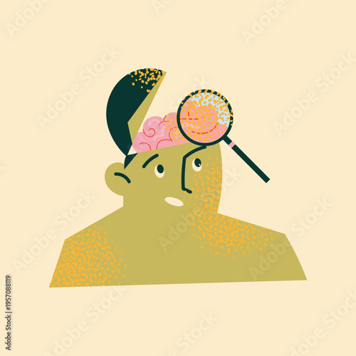 Vector Illustration of a Person with an Open Head and Magnifying Glass Examining the Brain, Concept of Self-Discovery, Psychology, Mental Health Awareness, Mindfulness, and Introspection Research