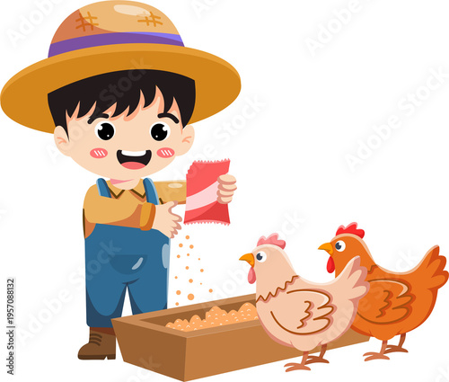 A cartoon boy feeding chickens in a farm setting on transparent background