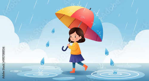 Little girl walking in rain with colorful umbrella on a sunny day with puddles and raindrops