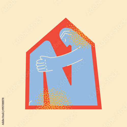 Minimalist Flat Vector Illustration of a Person Inside a House Shape Symbolizing Mental Health, Anxiety, Agoraphobia, Self-Care, and Psychological Comfort or Isolation in a Stylized Design