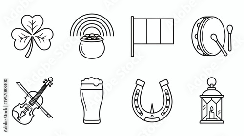 Collection of black and white line art icons representing Irish culture and St. Patrick's Day celebrations, including a shamrock, rainbow, flag, drum, fiddle, beer, horseshoe, and lantern.