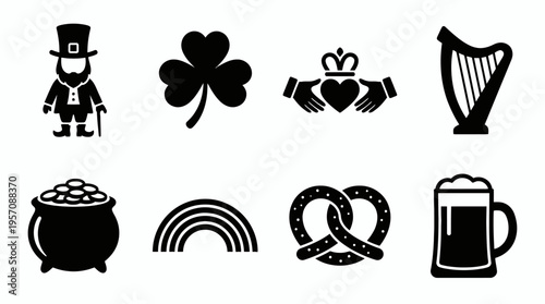 Black and white vector icons representing Irish culture and St. Patrick's Day, including a leprechaun, shamrock, harp, pot of gold, rainbow, and beer.