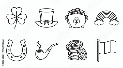 Collection of St. Patrick's Day and Irish culture line art icons including shamrock, leprechaun hat, pot of gold, rainbow, horseshoe, pipe, coins, and flag.