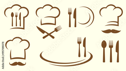 Cooking icons set with cutlery, utensil and chef hat restaurant icons