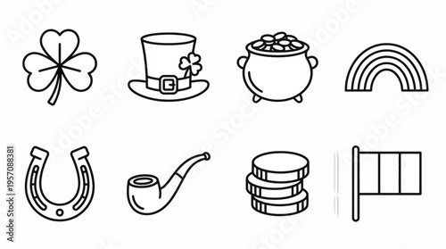 Collection of St. Patrick's Day line art icons including shamrock, leprechaun hat, pot of gold, rainbow, horseshoe, pipe, coins, and Irish flag.