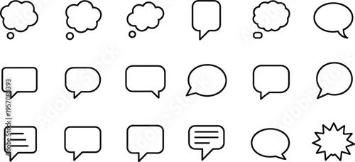 Speech bubble icons set with chat symbols, communication concept, message boxes collection, dialogue and conversation elements, flat outline design, isolated on white background