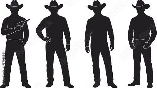 Set of black cowboy silhouettes featuring men in hats standing in various poses, including one holding a handgun, isolated on white.