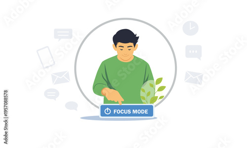 Concept illustration of focus mode and productivity. Man activating concentration mode while distractions fade in background. Symbol of deep work, time management and mental clarity.